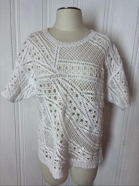NWOT DKNY White Open Knit Crochet Sweater T-shirt Top - Size L